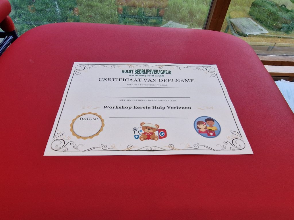 Afbeelding van een certificaat voor het afronden van de Workshop Eerste Hulp Verlenen